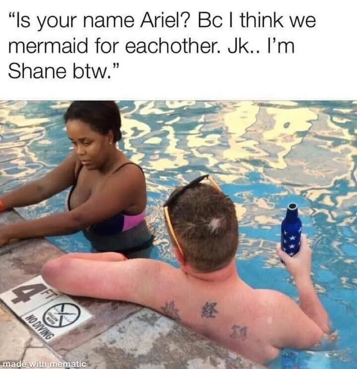 Is your name Ariel? Bc I think we mermaid for eachother. Jk.. I'm Shane btw.